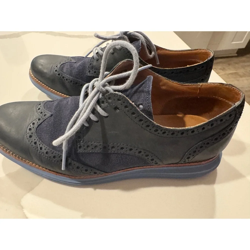 Cole Haan Lunargrand Navy Blue Leather‎ Suede Wingtip Oxford Shoes Mens 8M
